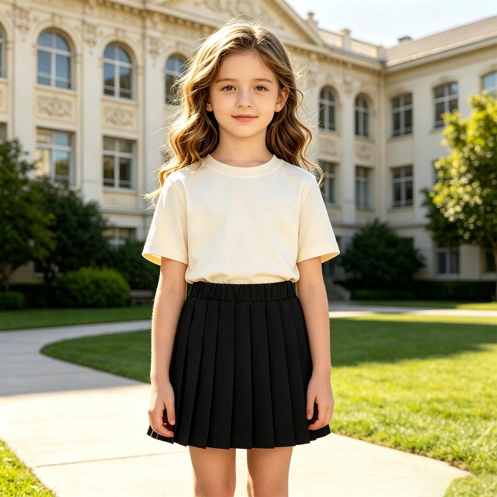 Girls Pleated Skirt with Elastic Waist and Built-in Shorts for School and Daily Wear
