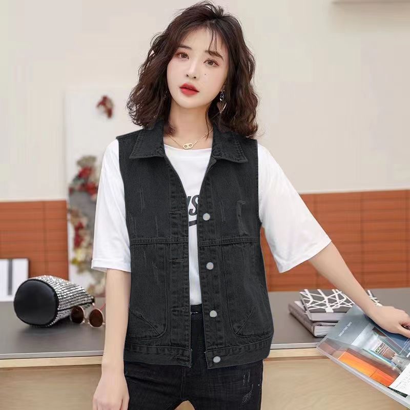 

Весна и лето новый женский джинсовый жилет с большим карманом свободный корейский жилет куртка 3XL чёрный