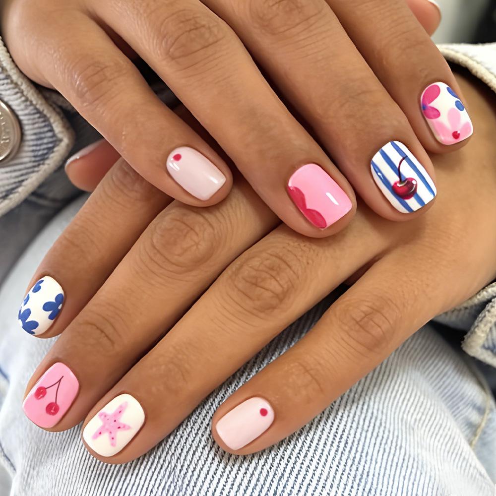

Glossy Spring/Summer Pink Floral & Cherry Star Striped Press-On Nails - 24 Removable Pieces