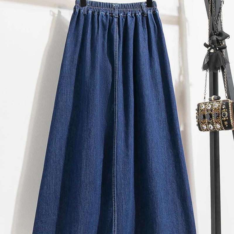 Plus Size Denim Skirt Women Summer Style High Waist A Line Pleated Long Jean Skirt Casual Women Maxi Skirt