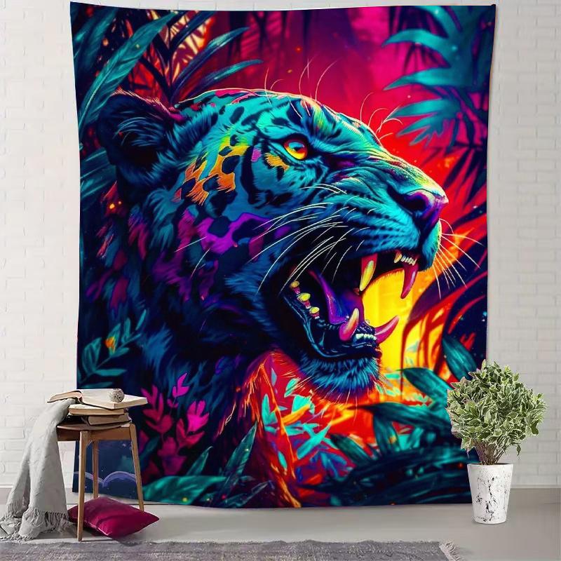 

neon tiger roars in the jungle Digital printing polyester wall tapestry suitable use in living rooms bedrooms offices bars party 74x94cm(29x37in)