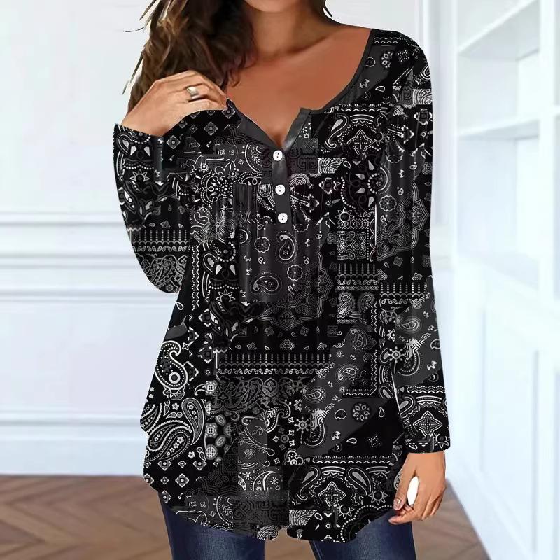 Elegant Plus Size Paisley V-Neck Button Top for Women