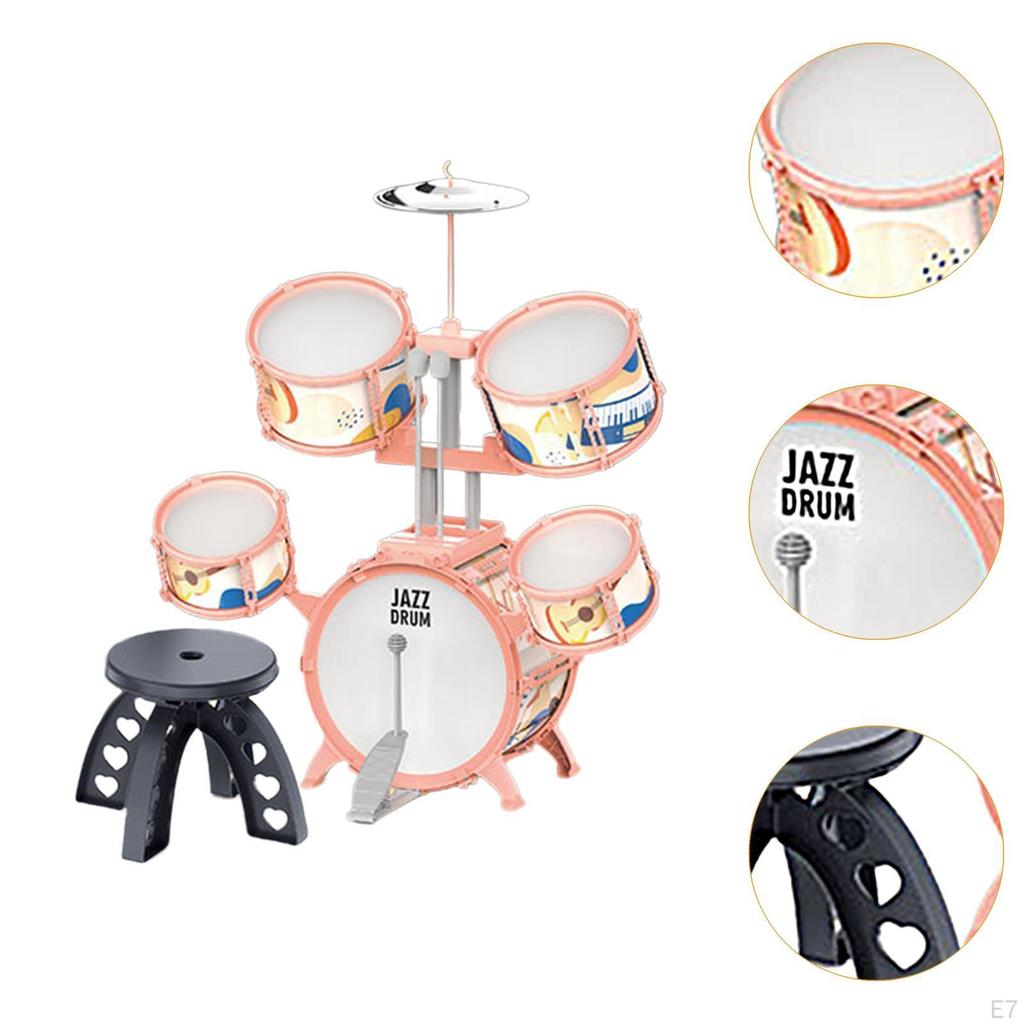 Beginner Kids Drum Set Includes Drumsticks Stool Boys Girls PVC Development Music Toy Educational