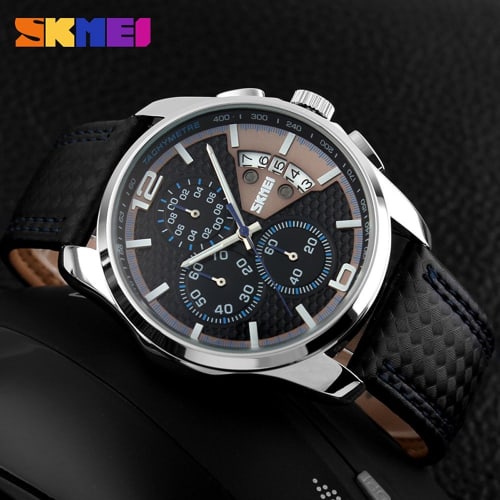 Men's Quartz Analog Sports Chronograph Waterproof Watch with Black Leather Strap, Skmei 9106 Blue