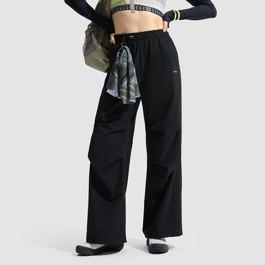 Li Ning Fitness Series Straight Loose Solid Color Mid Waist Knitted Sports Pants Women Bottoms Black AYKU730-1