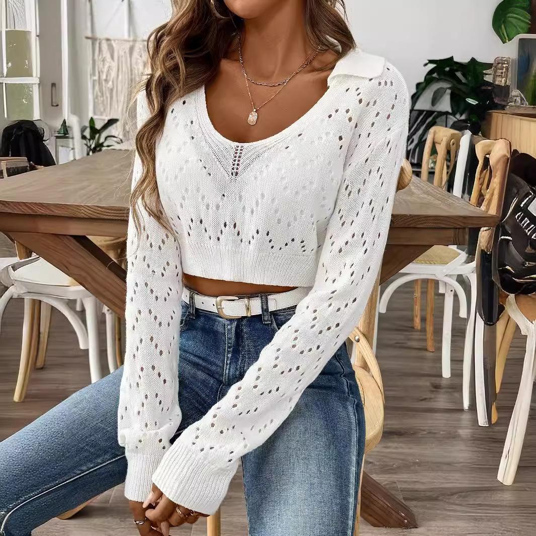 

Женские короткие топы для женской весны и осени, новый пуловер с лацканами, воротником поло и вырезом на животе S белый