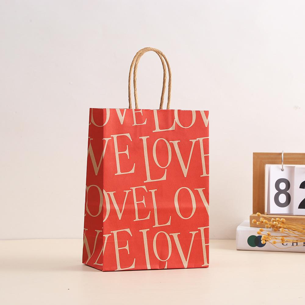 10pcs Kraft Paper Gift Bags with Handles Valentine Day Style Festival Supplies Wedding LOVE Print High-capacity Storage TMZ