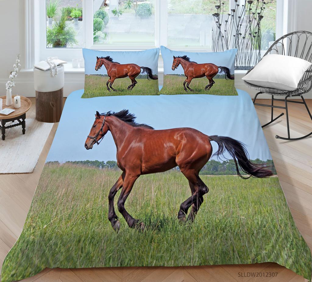 3D-Pferdeserie-Bettwäscheset mit Cartoon-Tiermuster, Bettbezug und Kissenbezug, 2 oder 3-teilig, geeignet für die Heimdekoration in Tierliebhaberzimmern