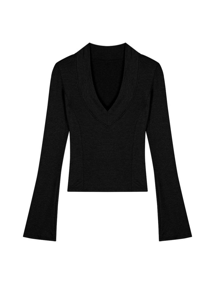 Women's Slim Fit V-Neck Knit Top - Long Sleeve, Elastic Base Layer for Autumn/Winter