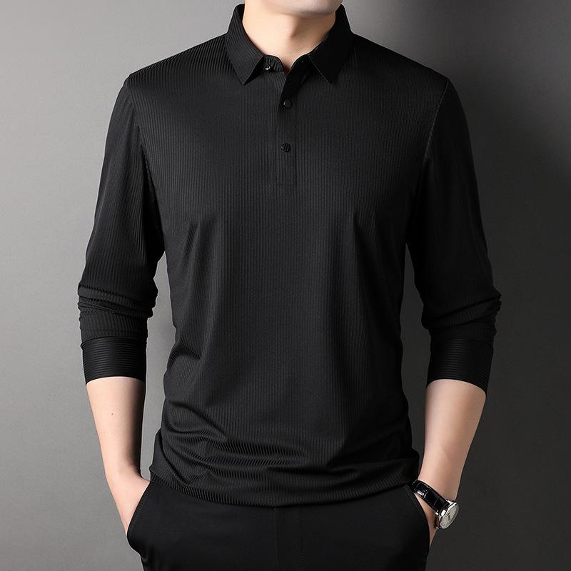 Autumn New Long-sleeved T-shirt Men's Middle-aged Casual Lapel Seamless Nylon Striped Polo Shirt