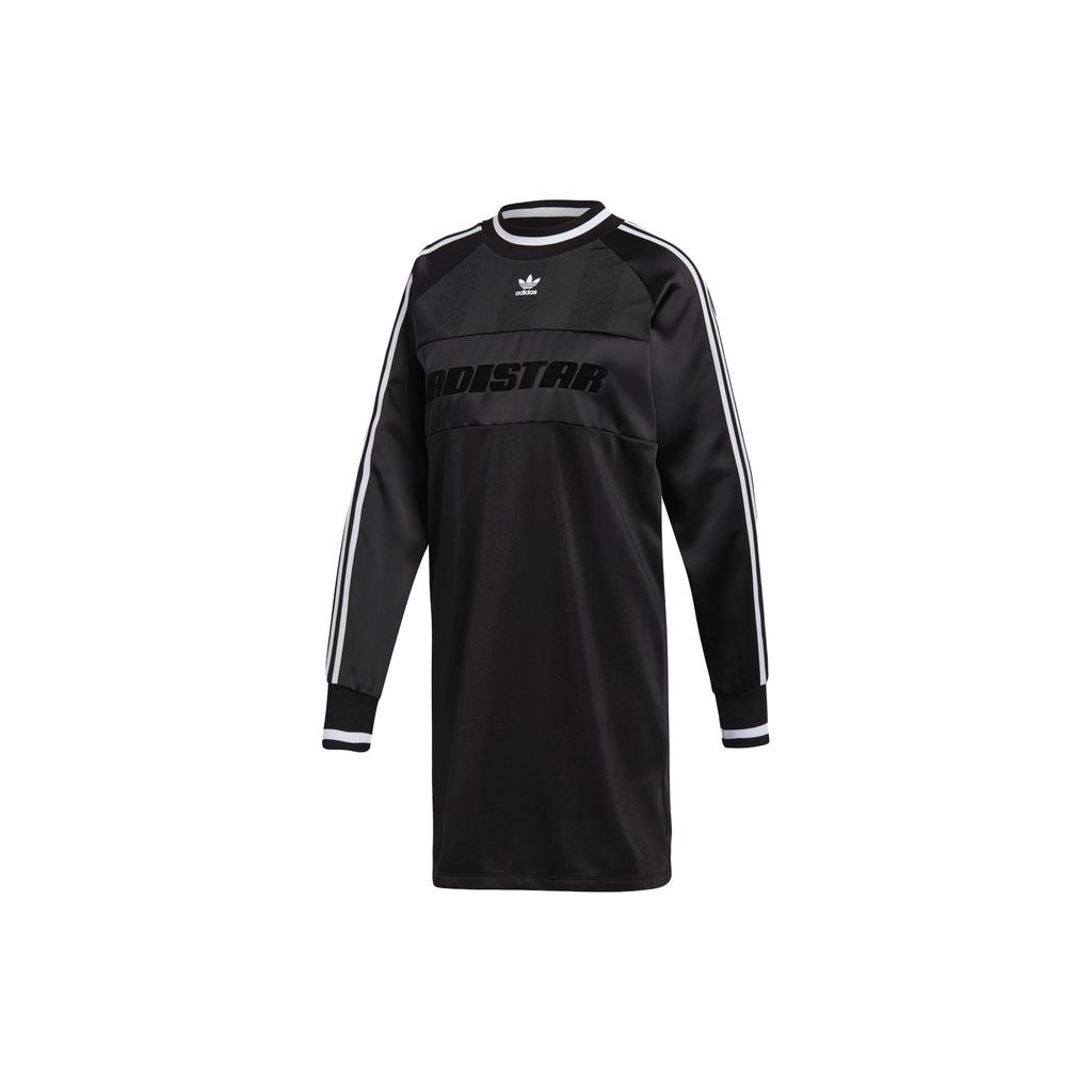 Adidas Vestido Original Color Block Listrado com Estampa de Letras Gola Redonda Manga Longa Vestidos Femininos Preto DH4233