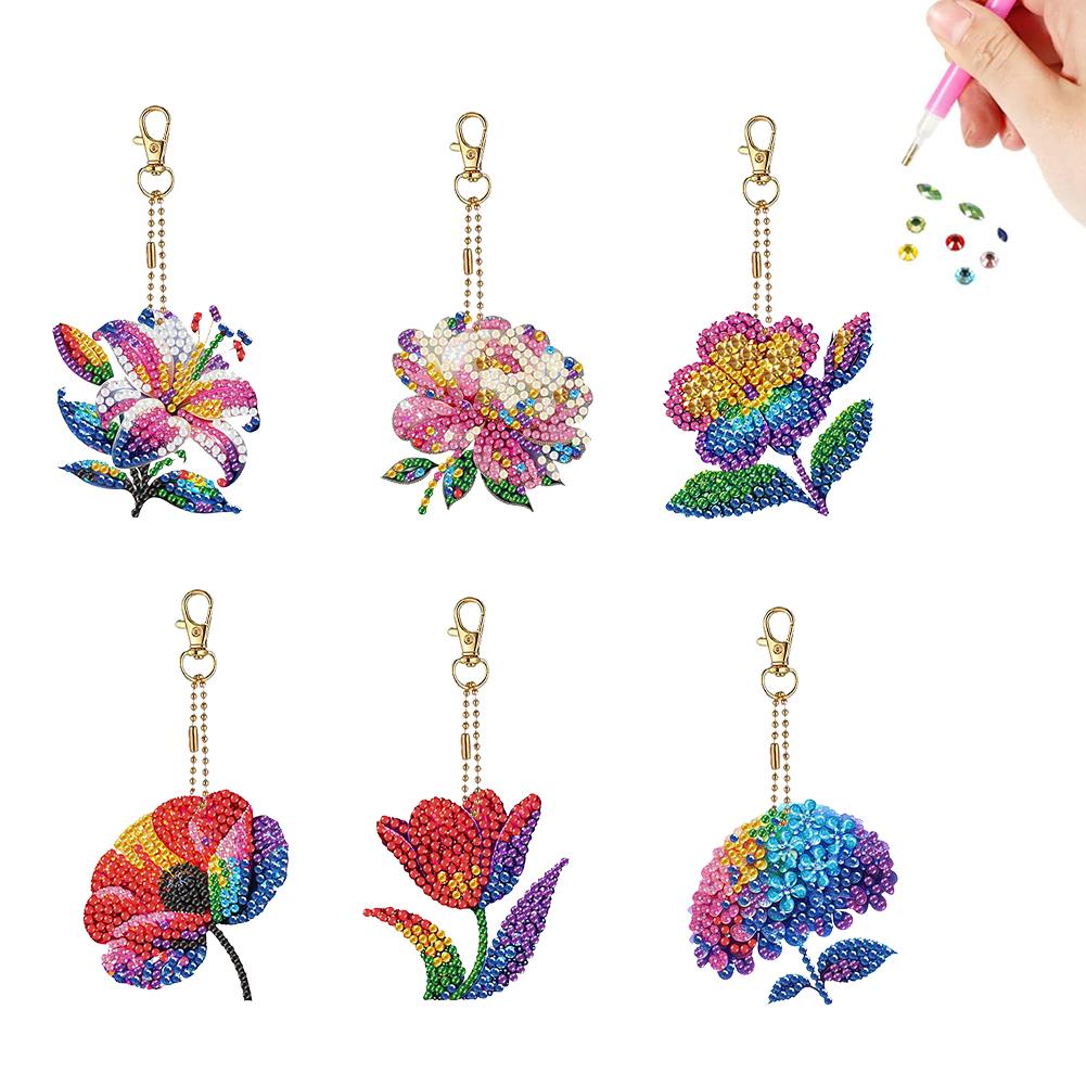 

6PCS 2D Flat DIY Diamond Painting Keychain Double Sided Drill Small Crystal Painting Keyrings Diamond Art Kits Gift for Friends