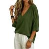Women Loose Fit V Neck Cotton Linen Top Three Quarter Sleeve Casual Solid Blouse Lightweight Breathable Shirt for Daily Wear