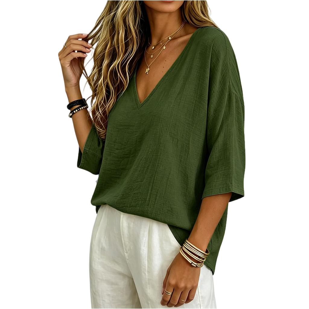 Women Loose Fit V Neck Cotton Linen Top Three Quarter Sleeve Casual Solid Blouse Lightweight Breathable Shirt for Daily Wear