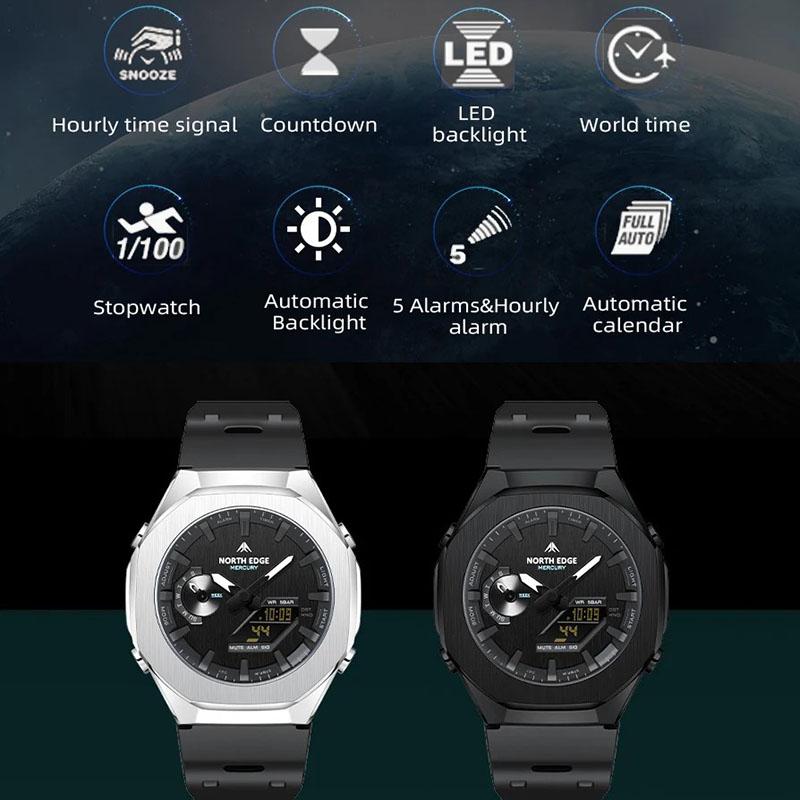 NORTH EDGE MERCURY Men's Military Digital Watch Stopwatch Waterproof 50M Sports Watches World Time