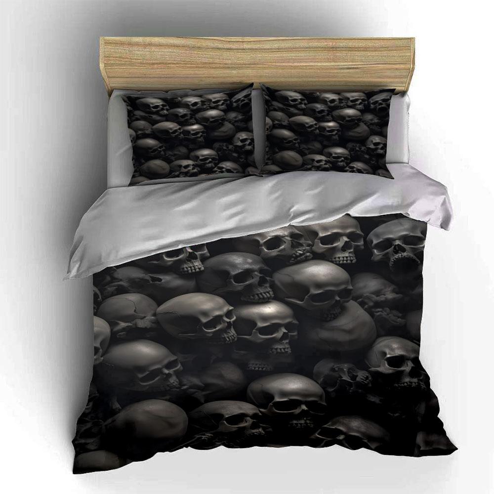 3Pcs Black Skull Bedding Set Pile of Dark Gray Skulls Print Duvet Cover + 2 Pillowcases for Teens Bedroom