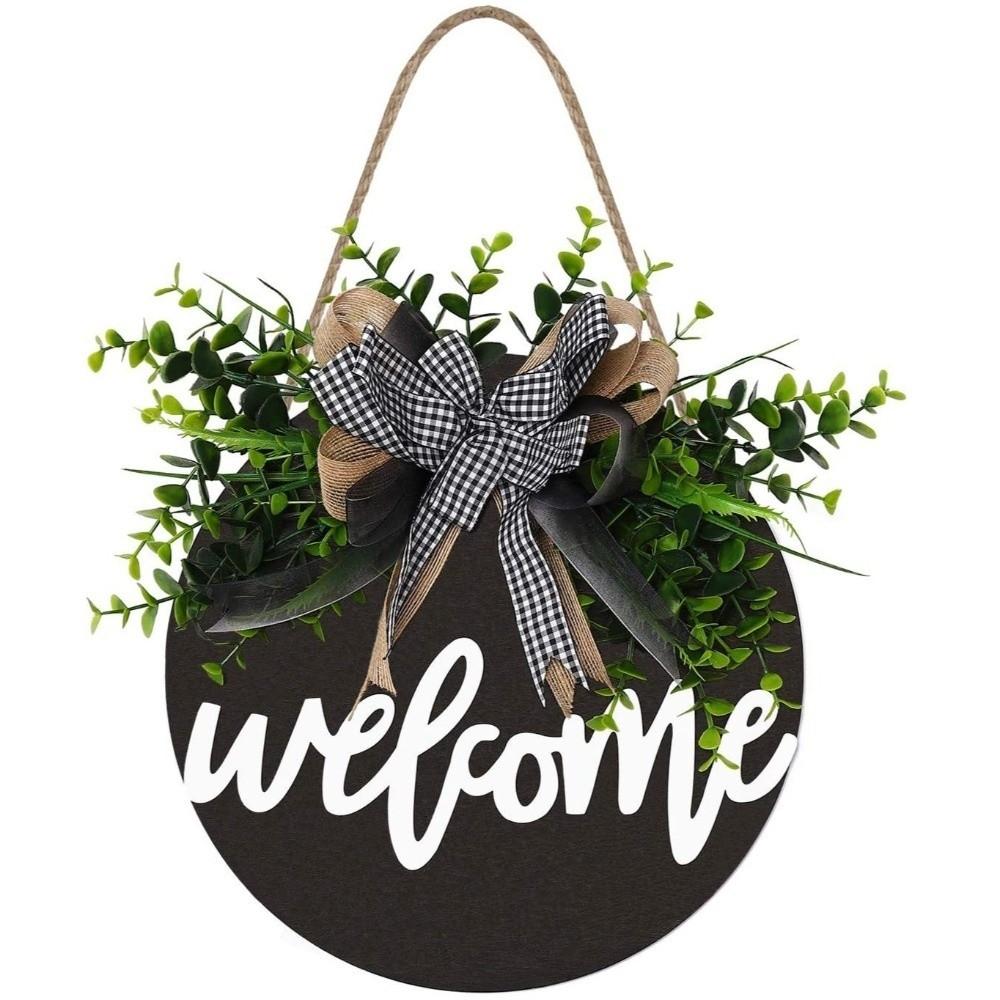 30cm 11.81in Wooden Welcome Sign Artificial Plant Wall Art Creative Hanging Decoration Wall Decor