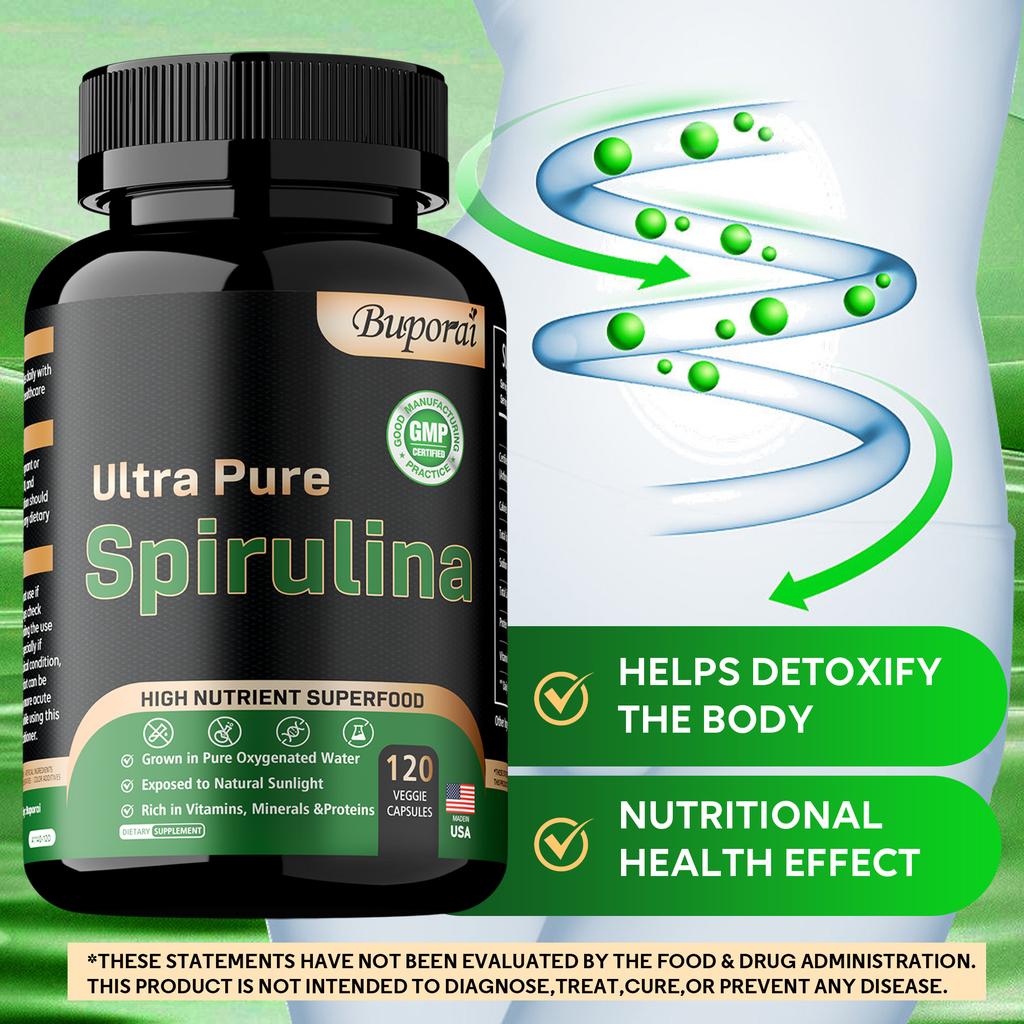Spirulina-Pulverkapseln, das beste reine vegane Protein, helfen bei der Entgiftung des Körpers, geeignet für Erwachsene.