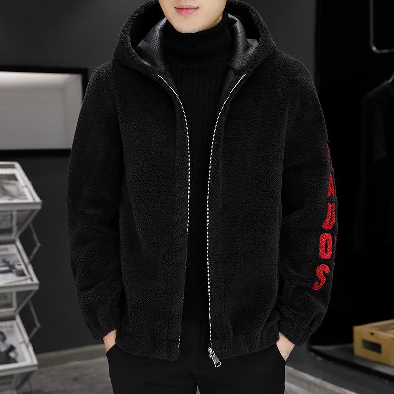 Chaqueta de Lana con Capucha para Hombre de Lana de Cordero con Forro de Forro Polar y Diseño Bordado