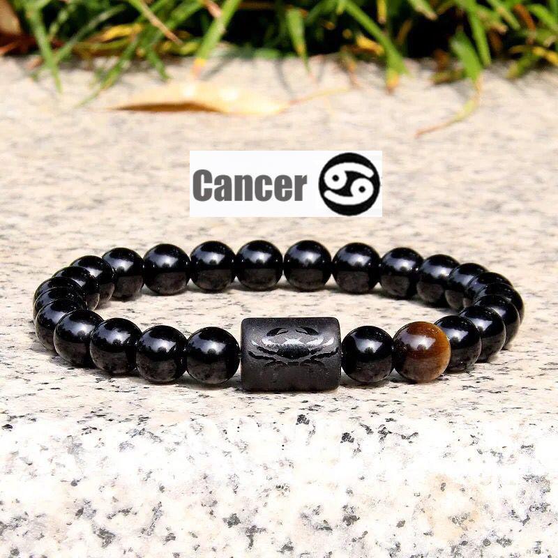 New Twelve Constellation Stretch Bracelet Male Simple Obsidian Engraved Couple Beaded Fashion Commuter Bangle Natural Stone