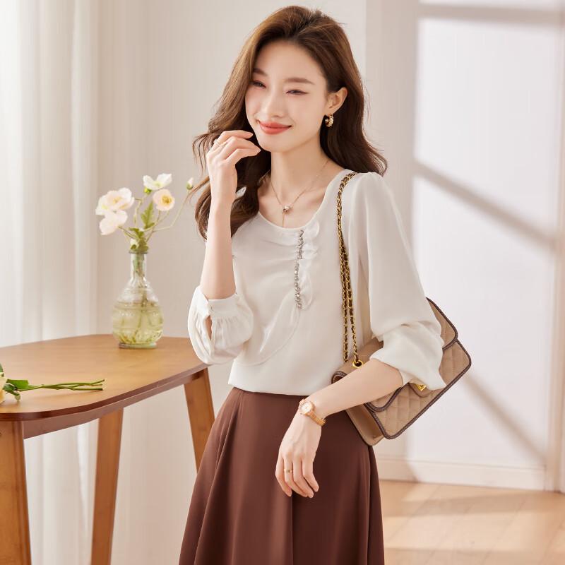 Women's French Style Beaded Long-Sleeve Blouse