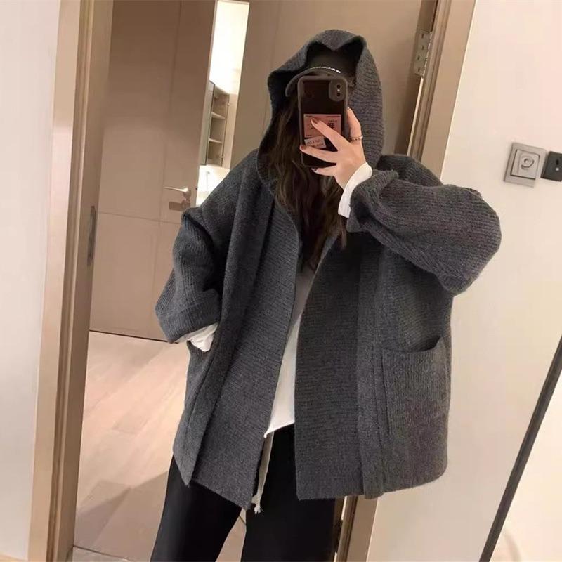 Large Size Hooded Knitted Cardigan Women's Clothing Autumn and Winter New Lazy Style Design Sweater Jacket
