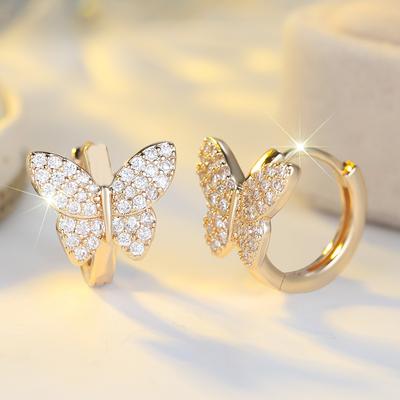 Simple Fashion Gold Color Butterfly Hoop Earrings for Women Zircon Circle Earrings Wedding Bridal Jewelry