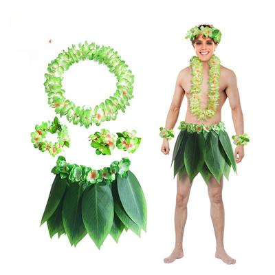 Hawaiian Party Outfit 5PCS Leaf Skirt Set with Flower Lei for Adults
