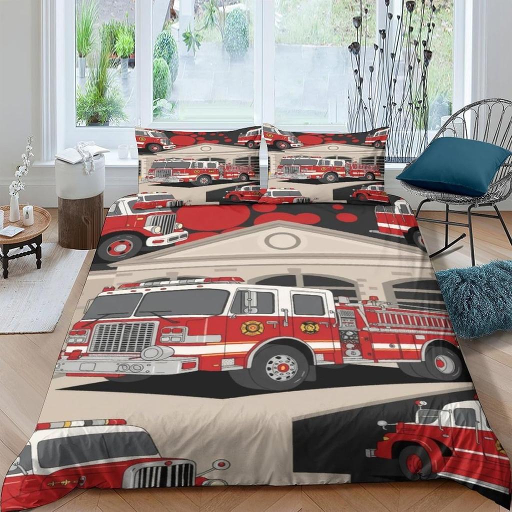 Boys Fire Truck Bedding Set Kids Red Fire Engine Pattern Comforter Cover for Children Teens Car Vehicle Print Duvet Cover 2pcs