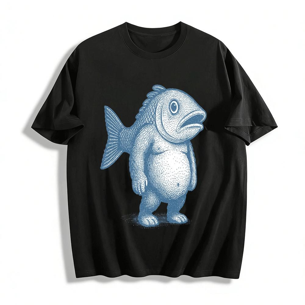 Weird Fish Head Human Body Graphic Casual Short Sleeve T-Shirt Pure cotton T-shirt XXS