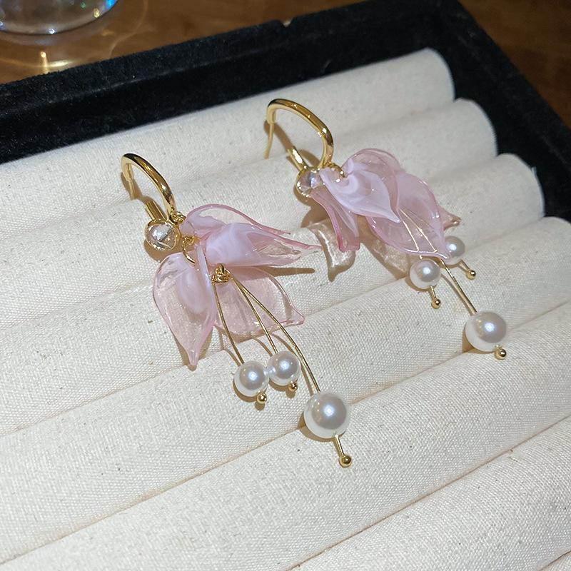 Pink Yarn Mesh Flowers Tassel Dangle Earrings for Women Sweet Girly Imitation Pearl Pendientes Fairy Lolita Party Ear Decoration