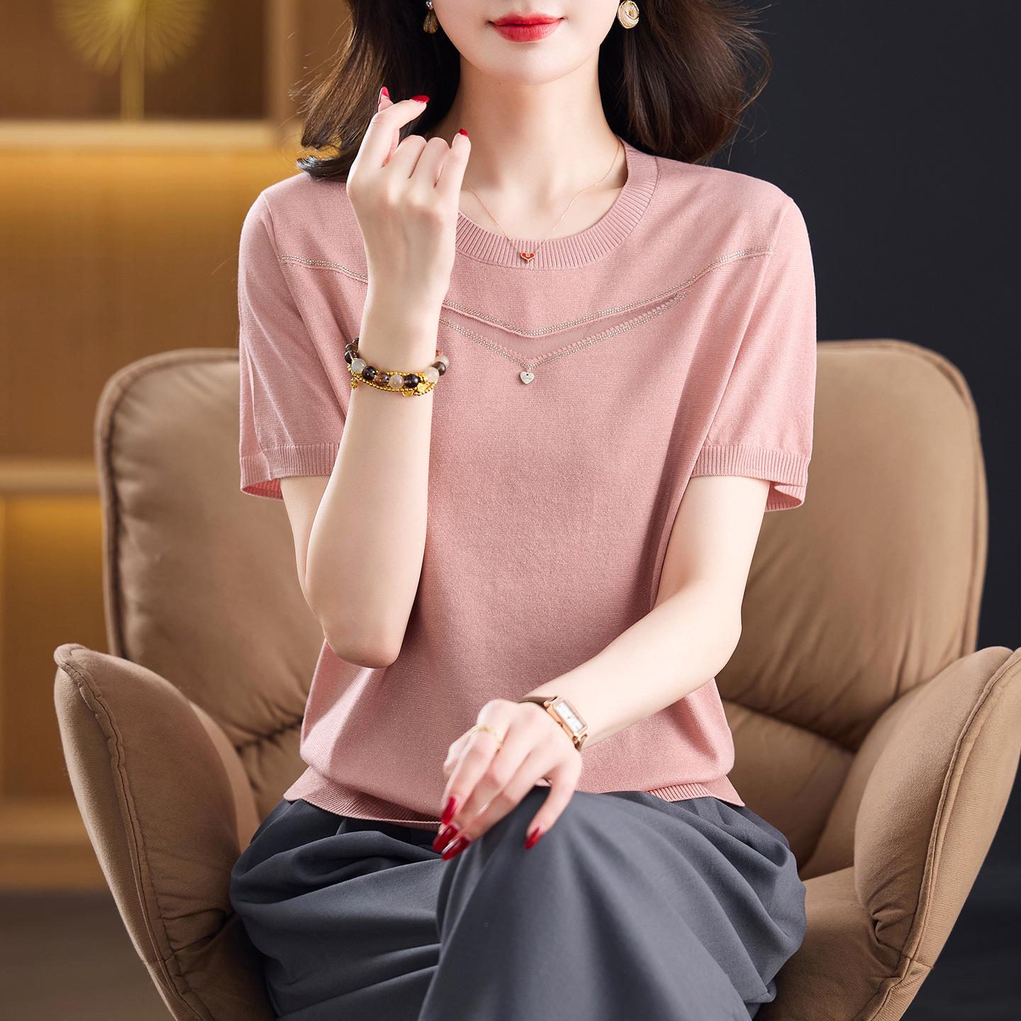 

Women s Plus Size Tencel Knit Ice Silk Tee - Round Neck, Short Sleeve, Casual Fit XL (Recommended for up to 110 jin)