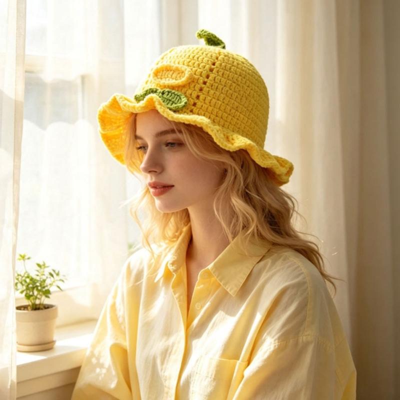 Crochet Bucket Hat with Lemon Design, Soft Brims Cotton Ruffle Fisherman Cap for Winter Outings Travel, Adult Photography Props