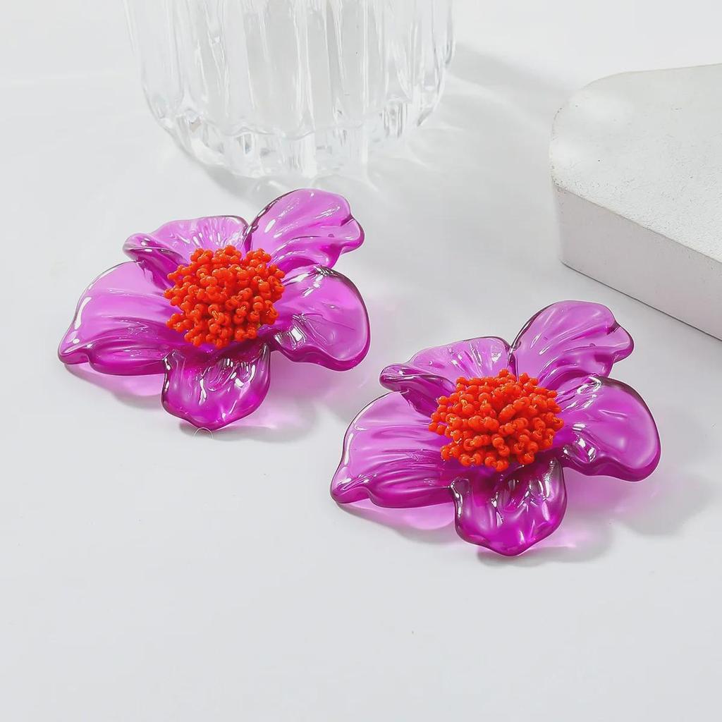 Large Purple Resin Flower Bohemian Handmade Beaded Earrings for Women