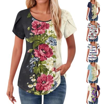Womens Tops Petal Short Sleeve Summer Round Neck Shirts Floral  Printing Blouses For Women Dressy Casual