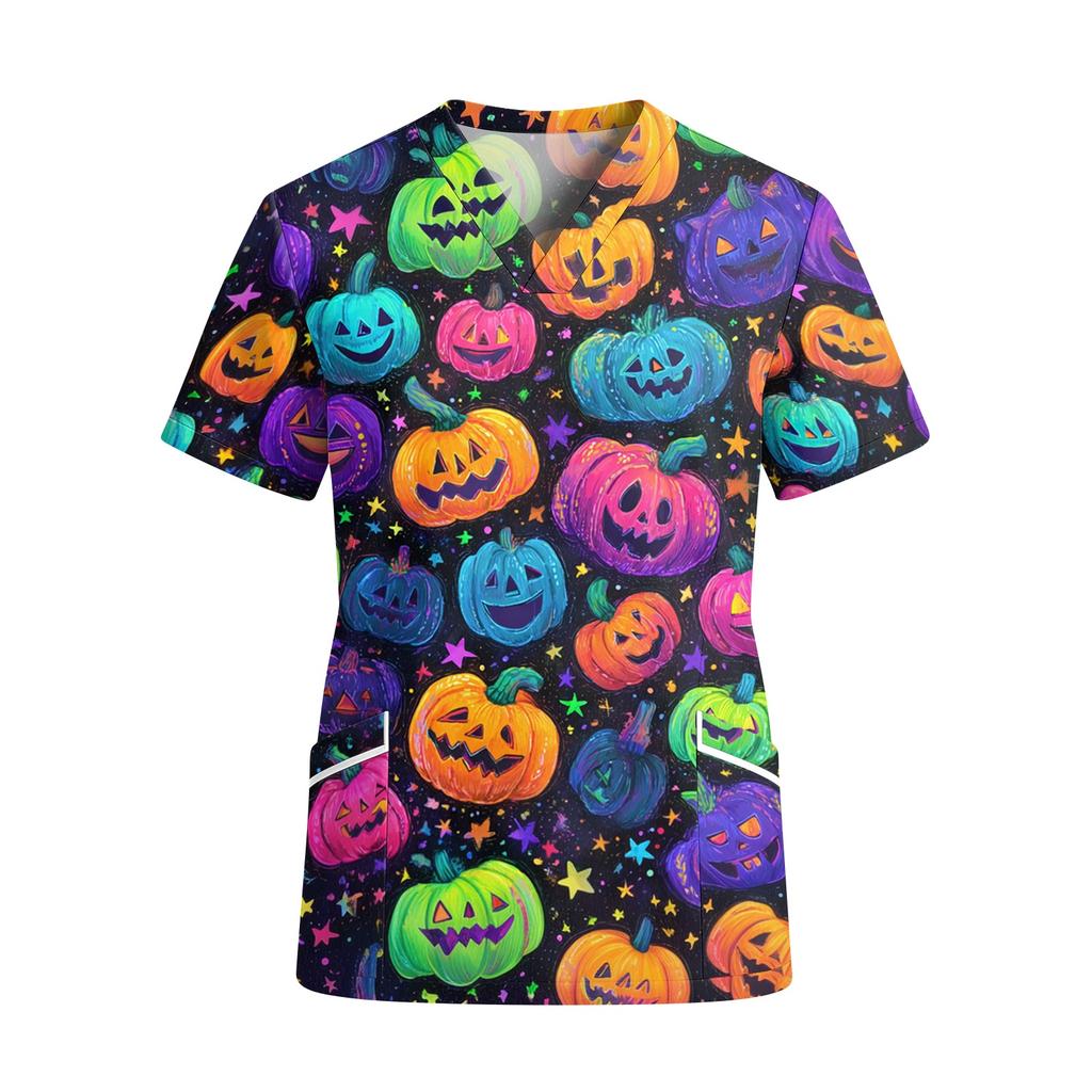 Women's V Neck Short Sleeve Work Top with Pockets Halloween Print Medical Scrub Shirt for Healthcare Professionals Comfortable Fit