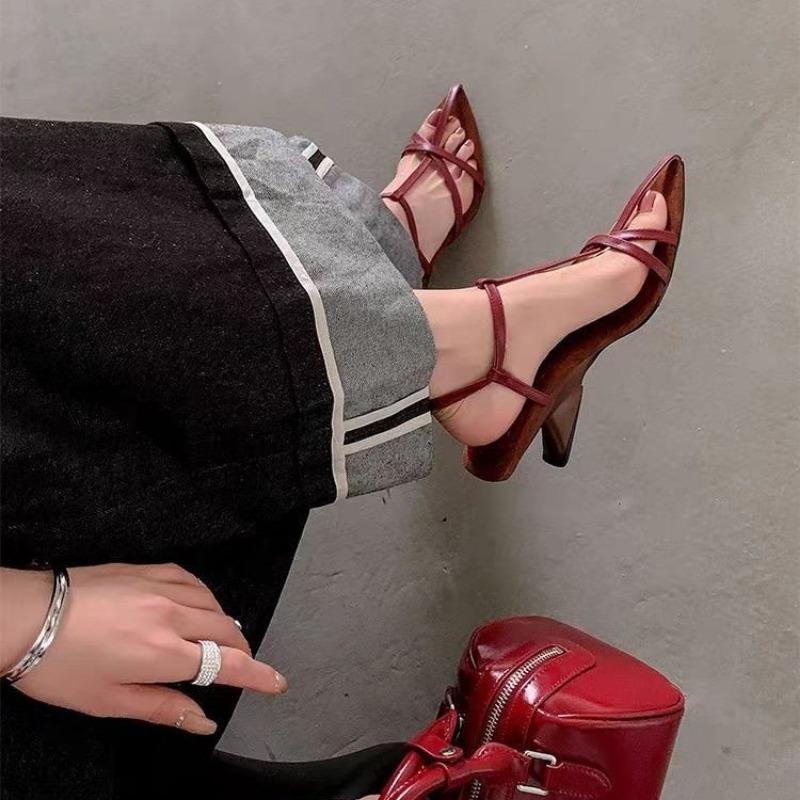 Summer New Sandals Women's Baotou Cross Thin Belt Metal Buckle Anti-slip Wear-resistant Special-shaped Heels