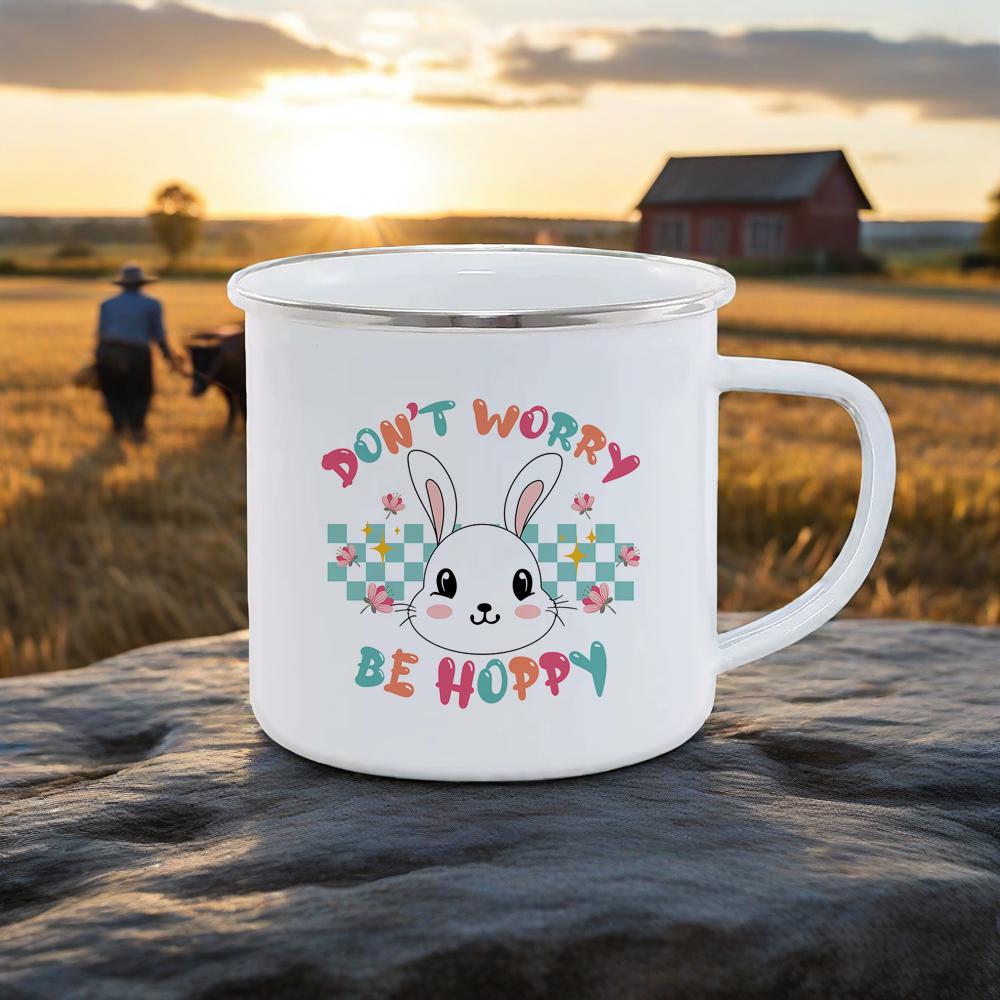 Cute Rabbit Pattern Breakfast Cups Soft Charming Color Milk Cola Mug For Camping Hiking Safe Durable UseHappy Easter Enamel Mug