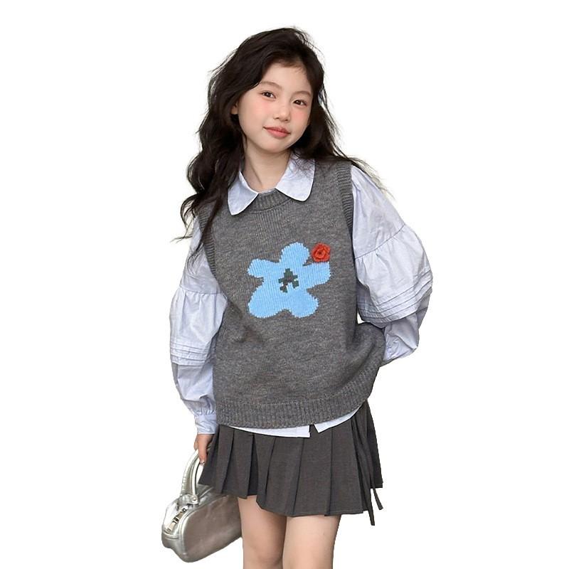 Girls 2-Piece Set Long Sleeve Shirt Vest School Style Kids Fall Outfits 120-170cm