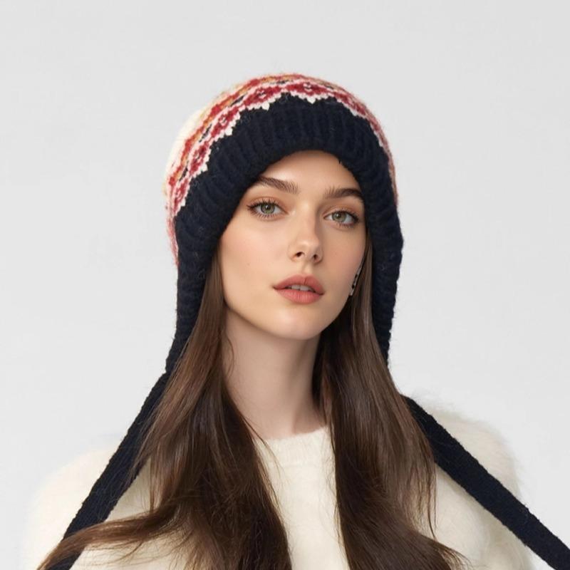 Winter Knitted Hat Women's Fair Island Hat Fashion Lace-Up Wool Hat Winter Ear Protector Headcap