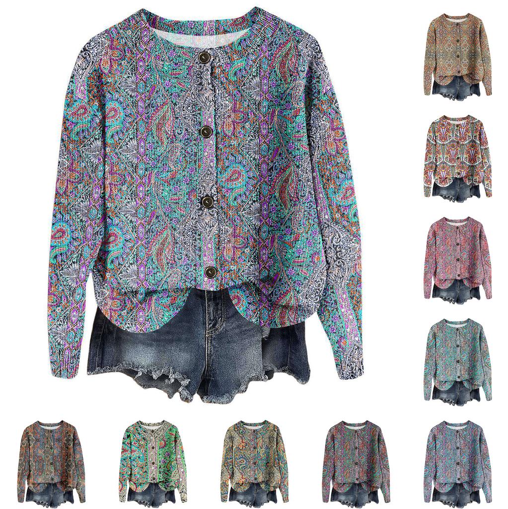Women's Vintage Knit Button Vintage Print Cardigan Jacket