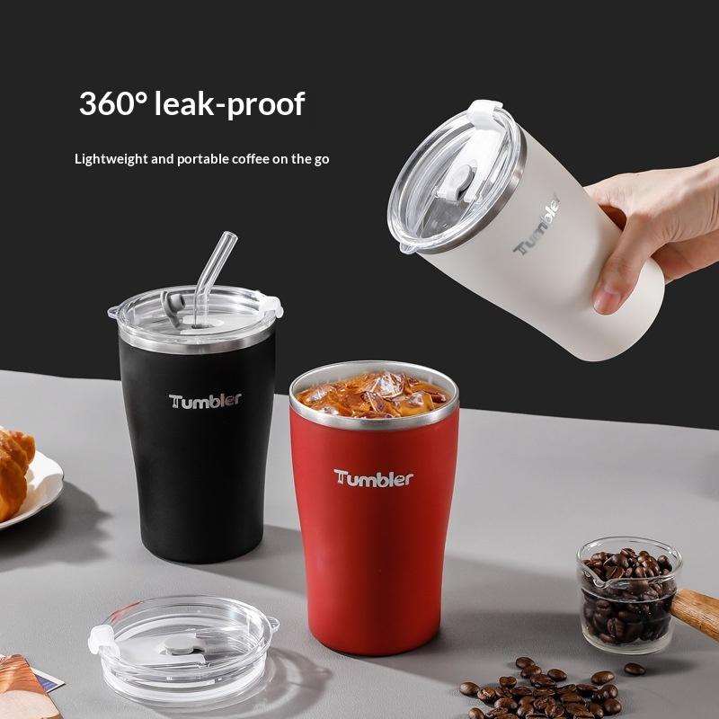 Stainless Steel Insulated Tumbler with Flip Straw Lid Double Wall Washable Reusable Coffee Mug for Work School Travel Use