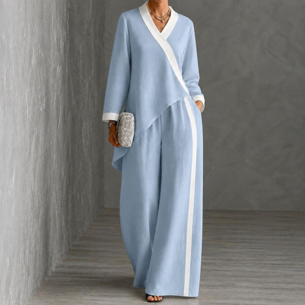 2026 Autumn Women's Clothing Popular Contrasting Color V-neck Irregular Top Wide-leg Pants Loose Casual Suit