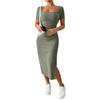 Women’s Square Neck Short Sleeve Ribbed Knit Fitted Midi Dress with Side Slit Bodycon Casual Style for Daily Wear