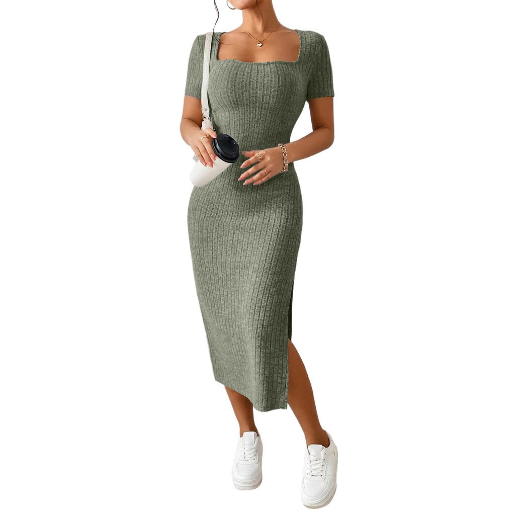 Women’s Square Neck Short Sleeve Ribbed Knit Fitted Midi Dress with Side Slit Bodycon Casual Style for Daily Wear