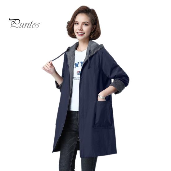 Long Length Jacket Spring Fall Women Hooded Sleeves Drawstring Plus Size Pockets Zipper Lady Closure Coat Windbreaker Mid Solid Color Big Windproof