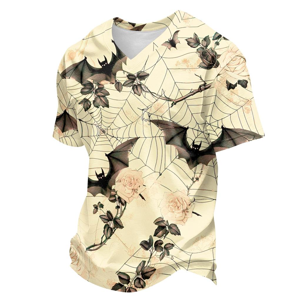Men's Casual Lightweight Breathable Short Sleeve V Neck Shirt Halloween Print Handprint Pattern Comfortable Fit