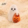 Indoor Festival Atmosphere Halloween Cute Ghost Figurine, Small Red Heart Pumpkin Bucket Statue, Seasonal Decorative Gifts Resin Funny Ornament