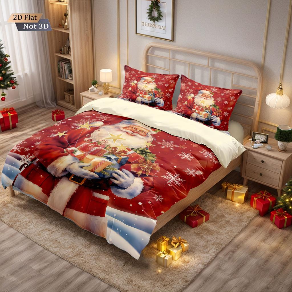3Pcs Santa Claus Gift Printed Coreless Duvet Cover Set, Multi Size Bedroom Bedding, Holiday Decoration, Machine Washable
