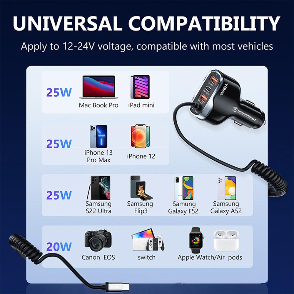 Fast USB C Car Charger, 55W 3-Fast Port Super Quic Car Charger PD& QC3.0 with 50W Super Fast Type C Coiled Cable